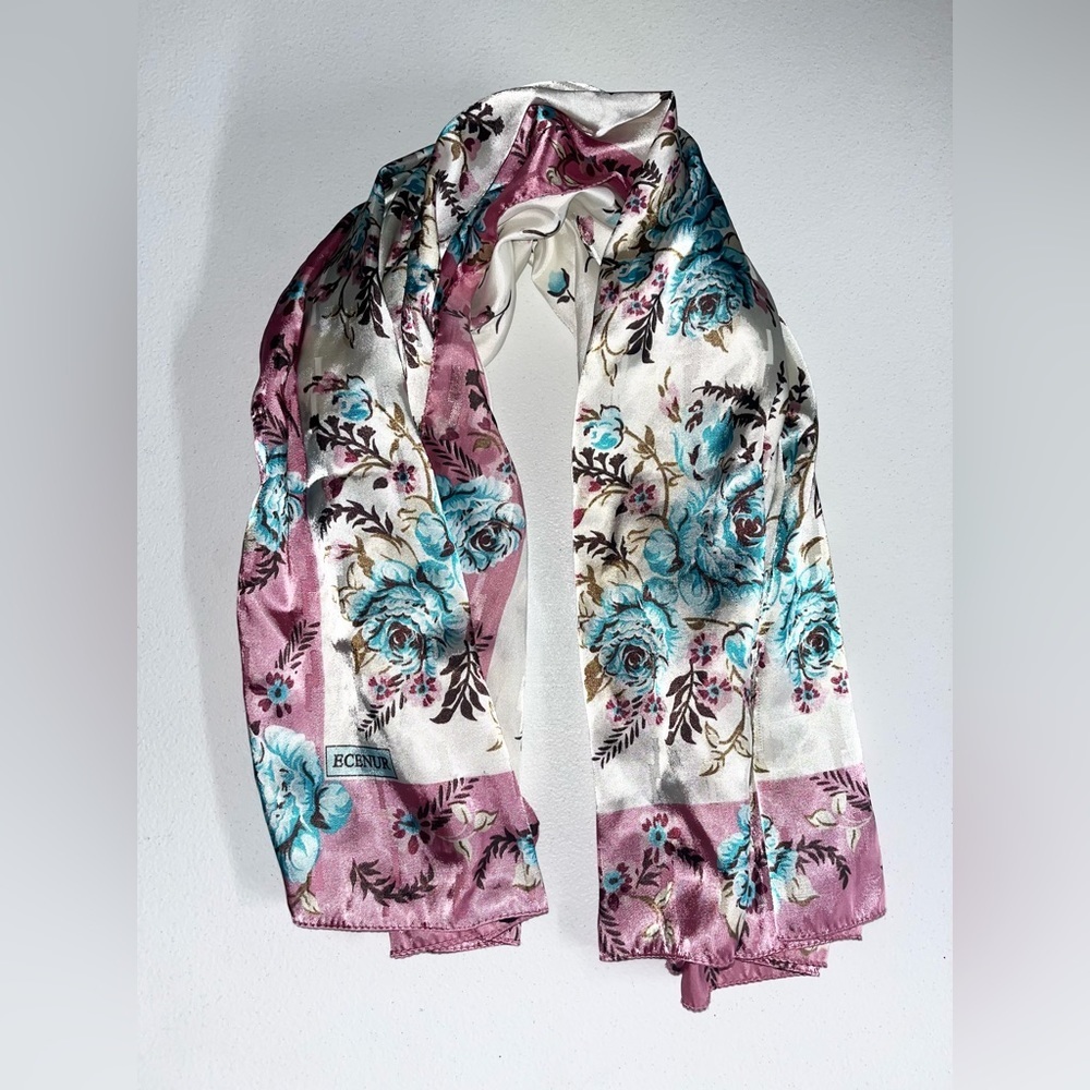 ECENUR Vintage Square Abstract Floral Print Scarf Pink/Blue 35”x 36” EUC‎